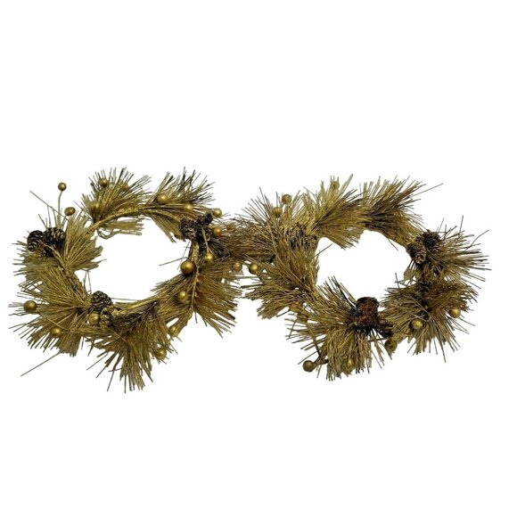 Gold Candle Ring  Pine cone Needles Vintage lot 2 Grannycore Christmas Holiday - Picture 1 of 4